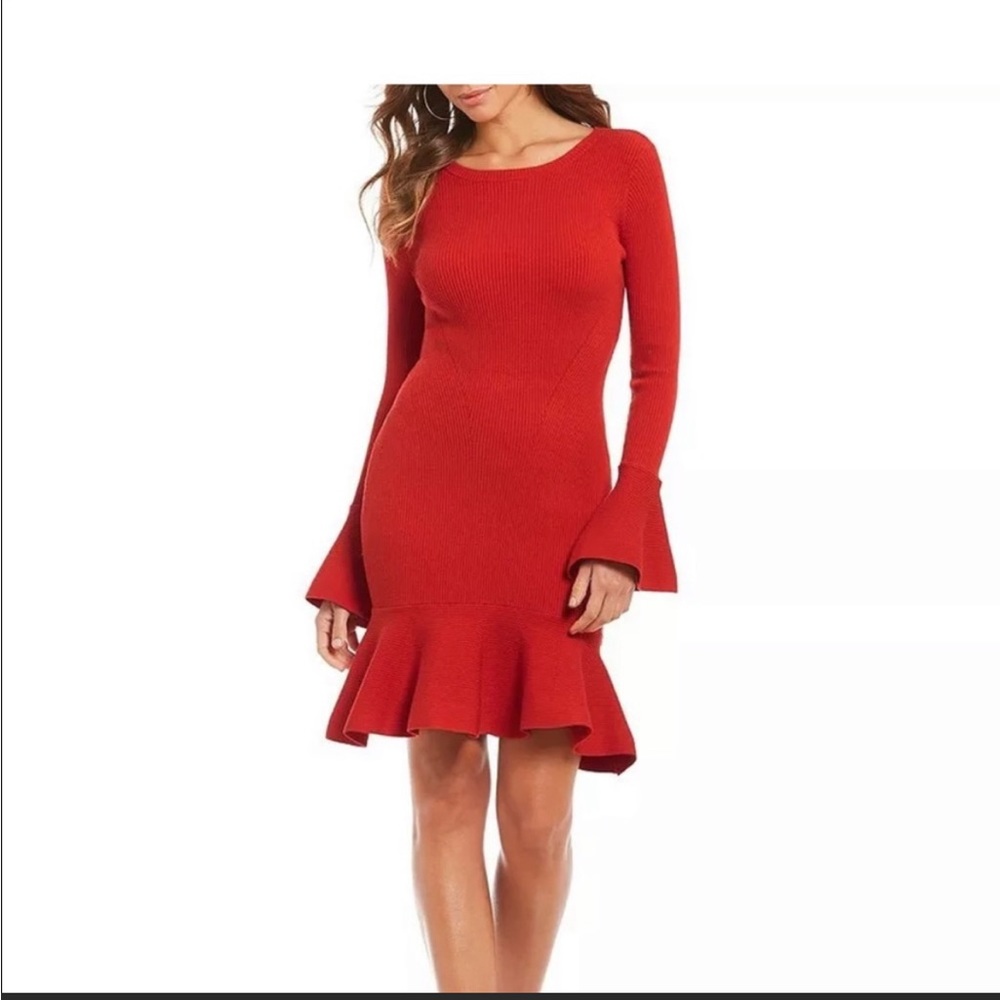 Gianni Bini Bell Sleeve Ruffle Hem Knit Dress Regatta Red Size M NWOT